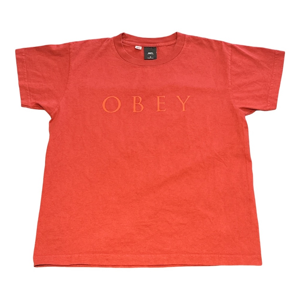 OBEY women's red and orange branded graphic skater tee, medium.